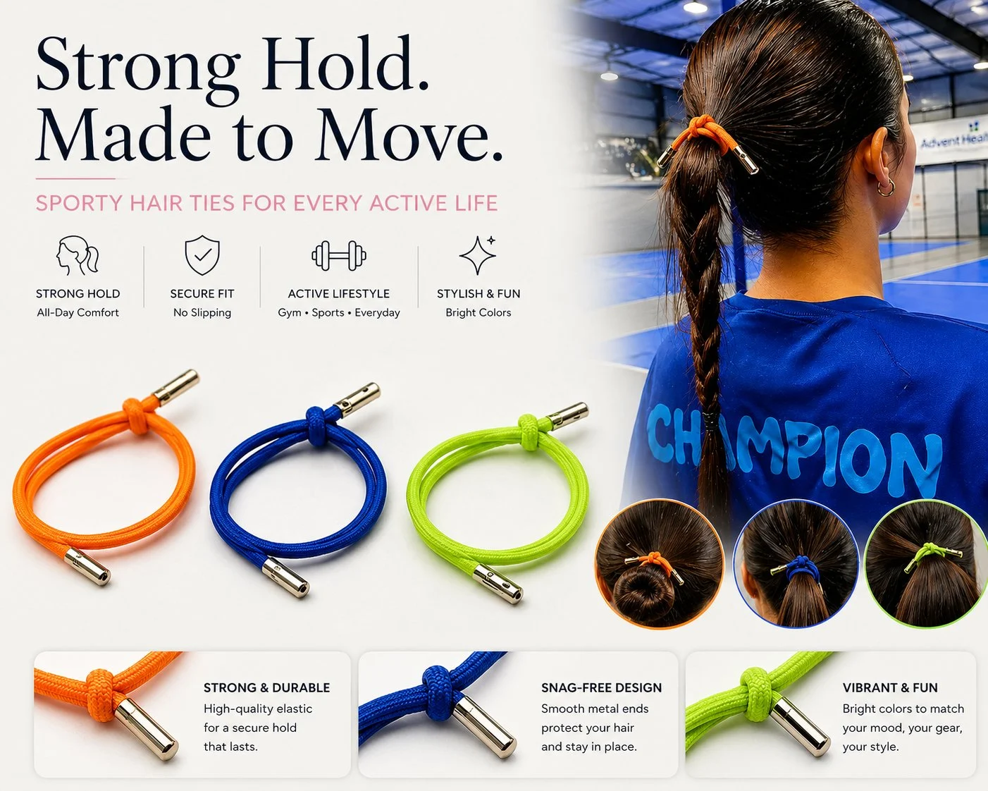 Loopi sporty hair ties — strong hold, made to move. Orange, blue, and green ties shown on an athlete on the court.